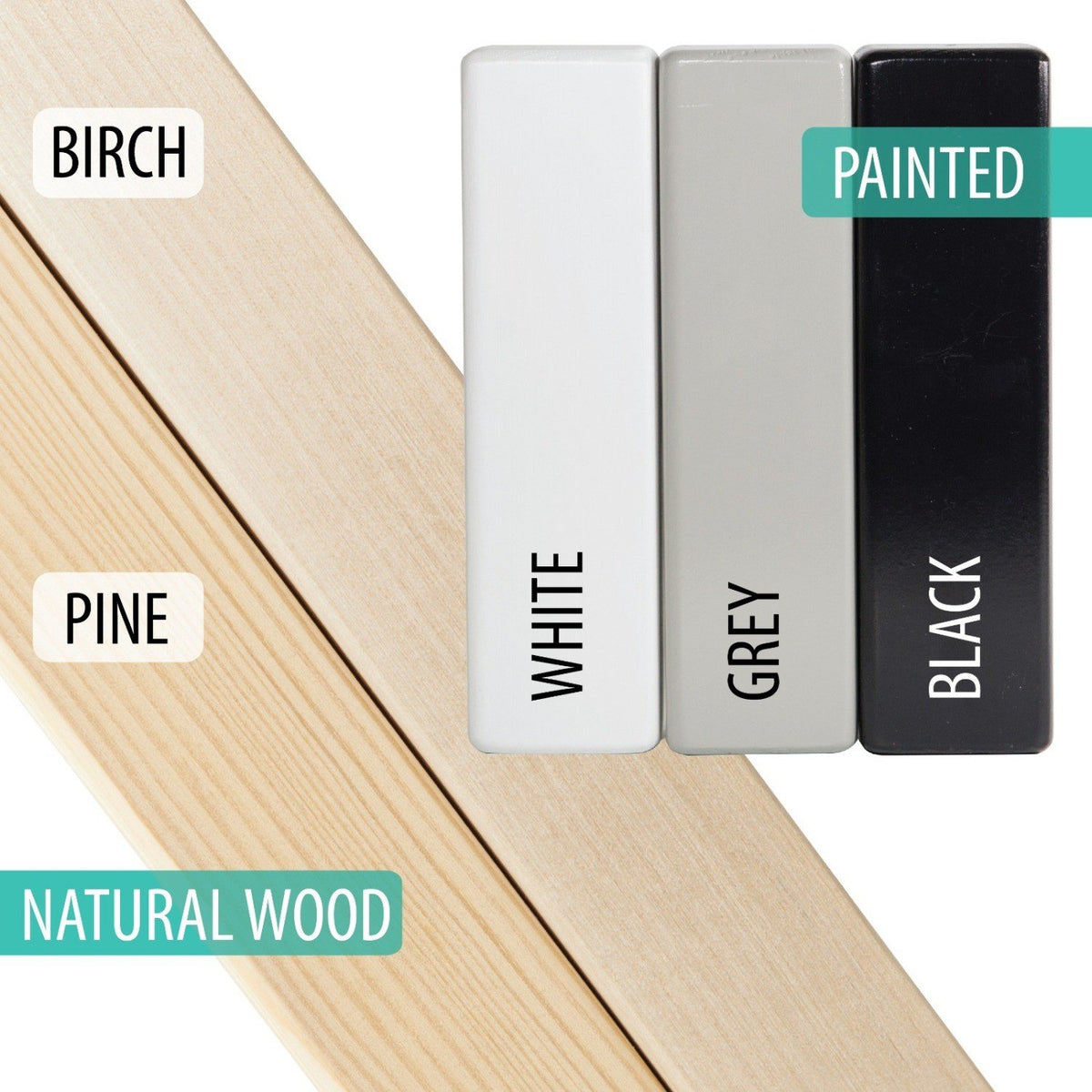 4. Color swatches showing birch, pine, white, grey, and black finishes for house-shaped shelf