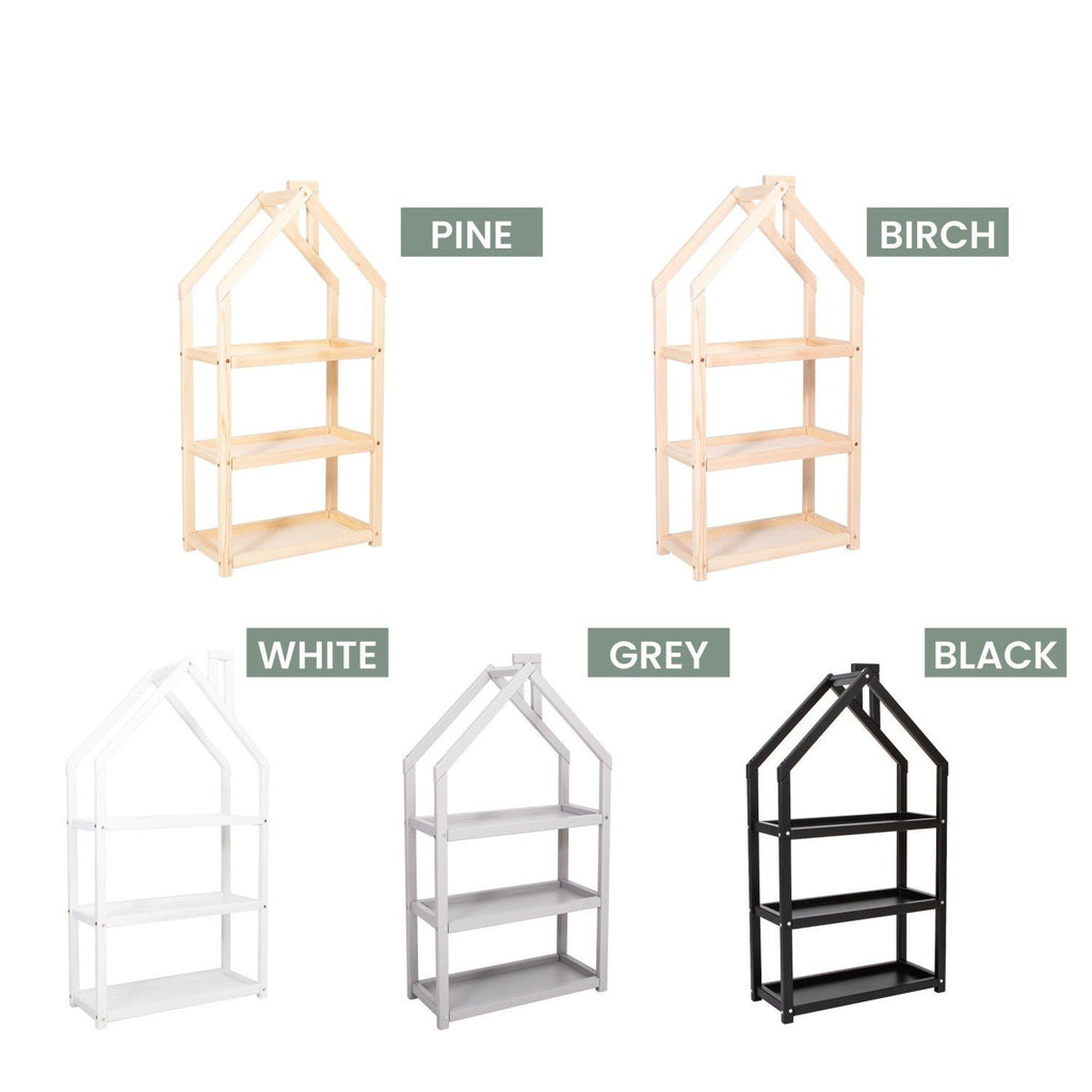 4. Five color options for house-shaped shelf: pine, birch, white, grey, black