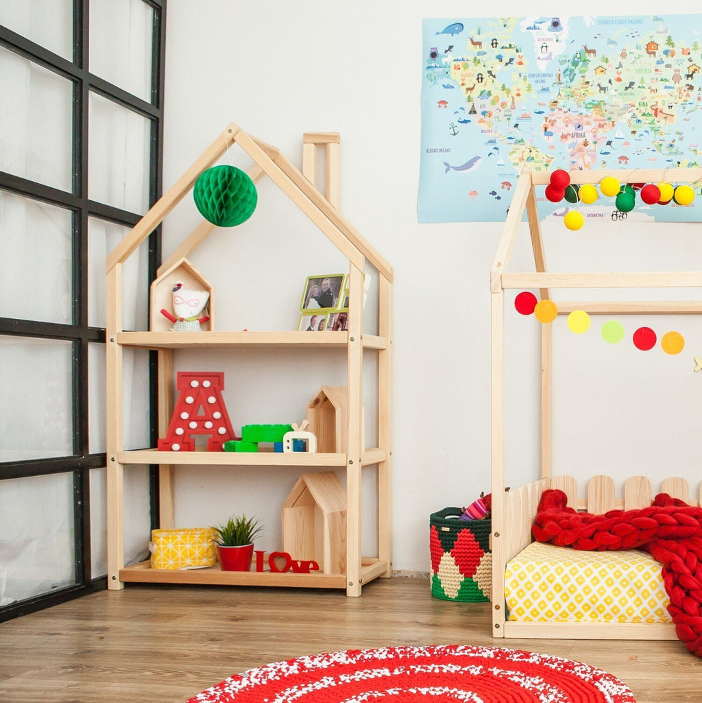 1. Natural wood house-shaped shelf in playroom with colorful decor and map on wall