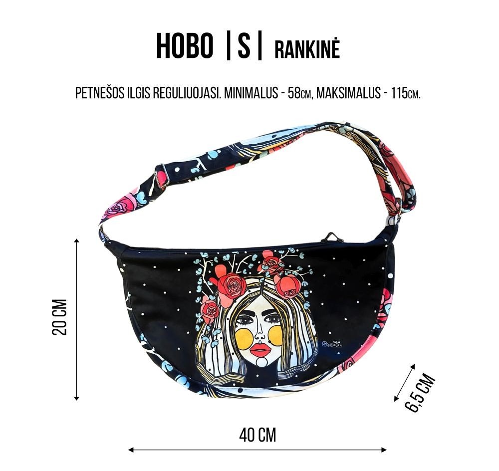 3. Size chart for Garbanota Hobo Bag Heart in small, showing dimensions and adjustable strap length in centimeters