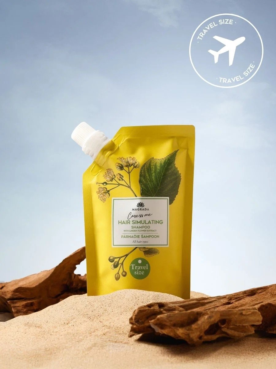 1. Magrada Organic Cosmetics travel size Linden Flower Shampoo with Nordic Birch Extract on sandy beach setting