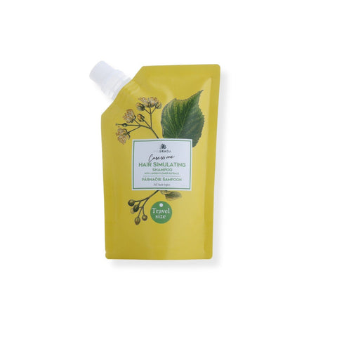 4. Studio shot of Magrada Organic Cosmetics Linden Flower Shampoo travel size pouch with botanical design