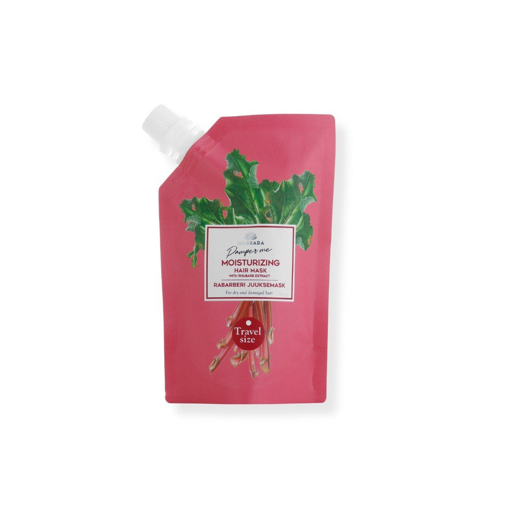 4. Studio image of Magrada Organic Cosmetics travel size rhubarb hair mask, featuring vibrant packaging