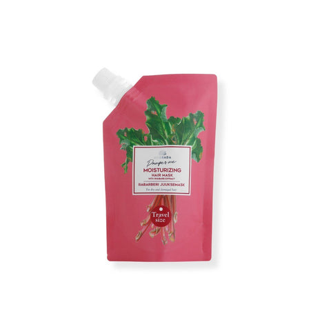 4. Studio image of Magrada Organic Cosmetics travel size rhubarb hair mask, featuring vibrant packaging