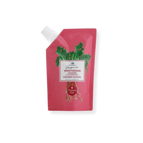3. Studio image of Magrada Organic Cosmetics travel size rhubarb shampoo in pink packaging