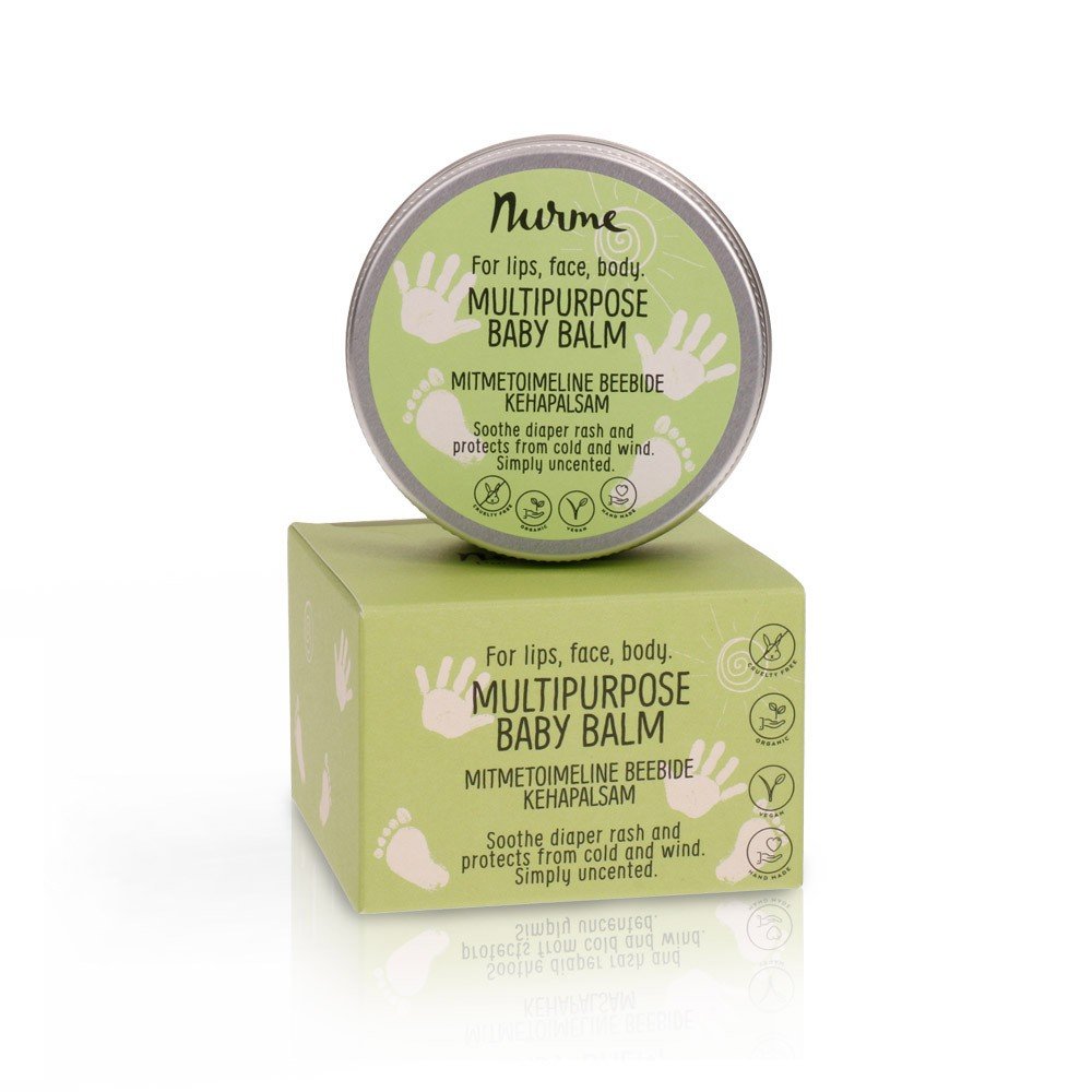 2. Nurme multipurpose baby balm in green packaging with product details in English and Estonian, shown in studio setting