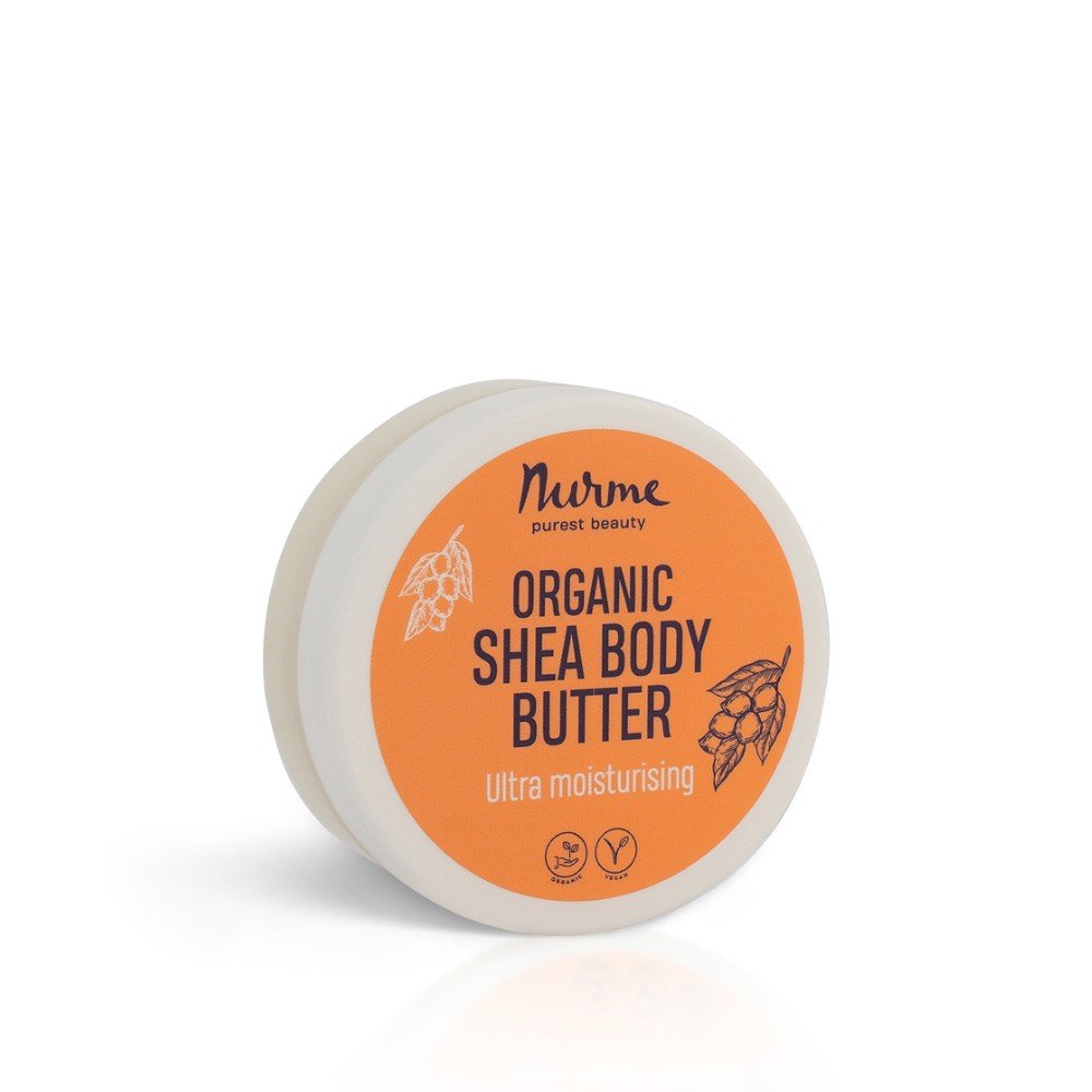 2. Nurme travel size ultra moisturising shea body butter in orange and white container with botanical illustrations on label