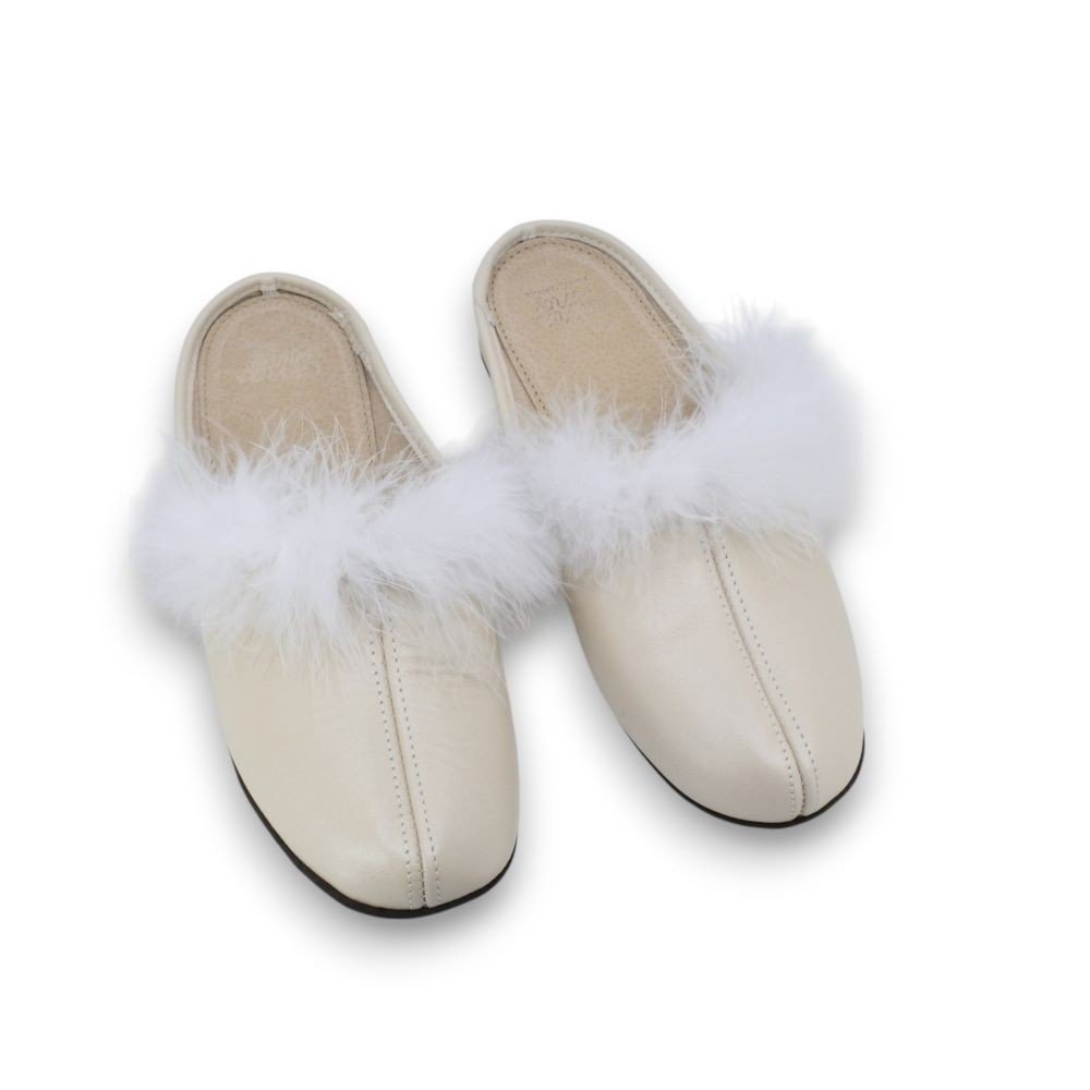 3. Pair of women's champagne leather slippers with white feather boa detail shown from top view