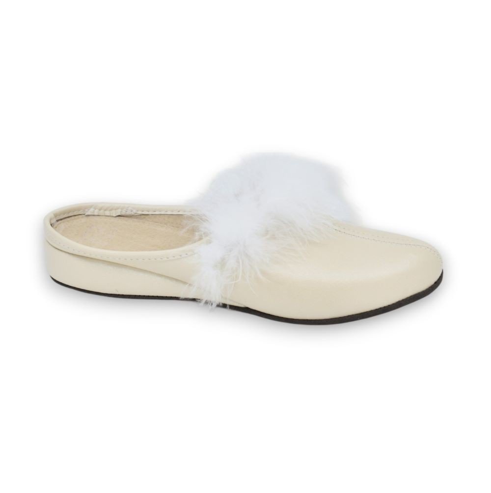 2. Women's champagne leather slippers with white feather boa detail on clean background