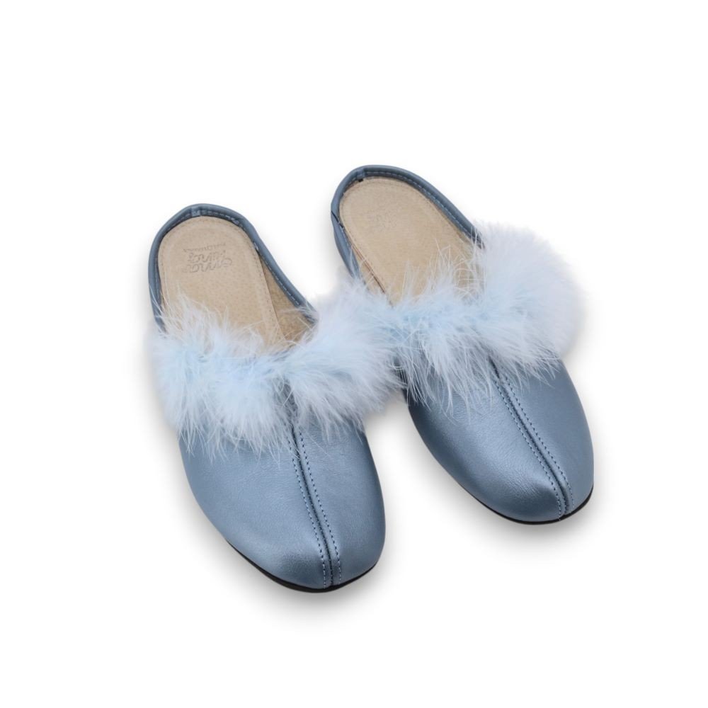 4. Flat lay of women's light blue leather slippers with feather boa, showing top view