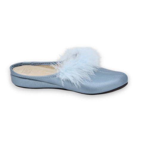 2. Women's light blue leather slippers with decorative feather boa on top, shown in studio setting