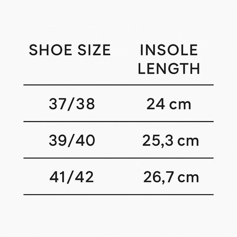 5. Size chart for women's slippers showing shoe sizes 37/38, 39/40, 41/42 with corresponding insole lengths in centimeters
