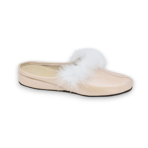 3. Side view of Omaking Trinity women's light pink leather slipper with white feather boa detail on white background