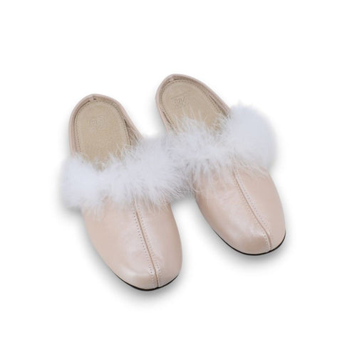 2. Omaking Trinity women's light pink leather slippers with white feather boa detail on clean white background