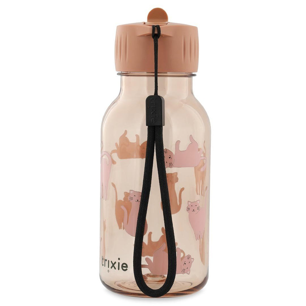 2. Trixie Baby Tritan bottle 350ml with cat design, peach cap, and black carry-loop, studio shot