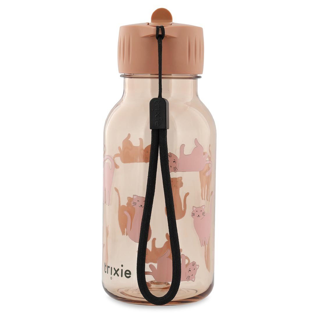 2. Trixie Baby Tritan bottle 350ml with cat design, peach cap, and black carry-loop, studio shot