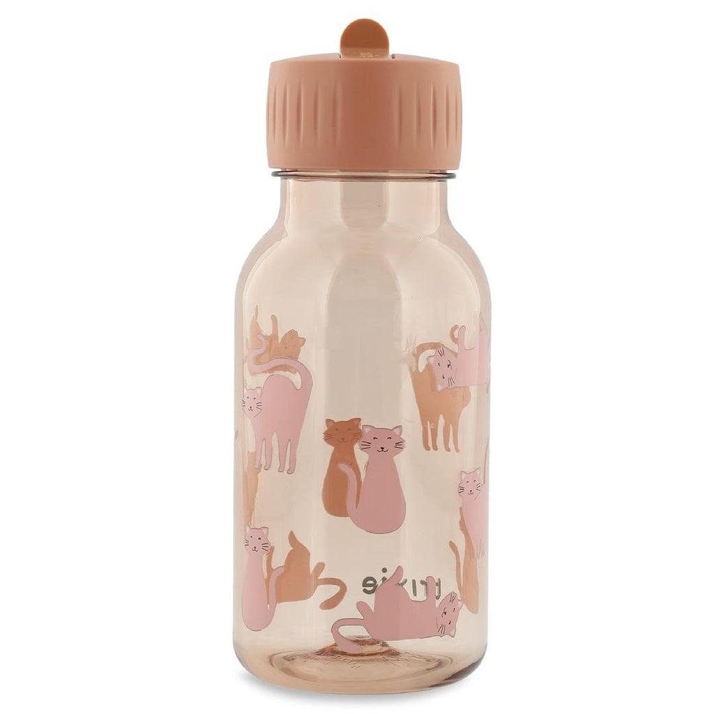 1. Trixie Baby Tritan bottle 350ml with charming cat print and peach cap, shown in studio setting