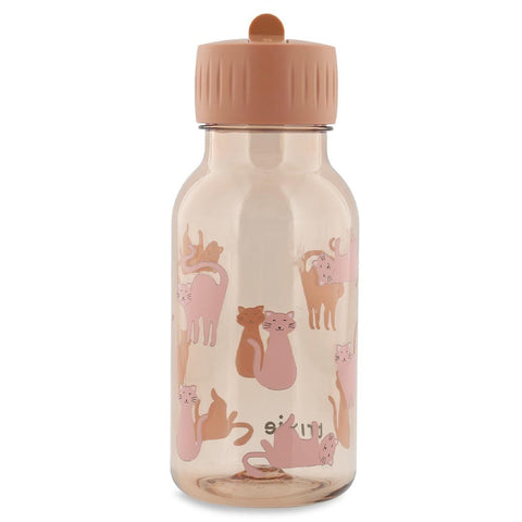 1. Trixie Baby Tritan bottle 350ml with charming cat print and peach cap, shown in studio setting