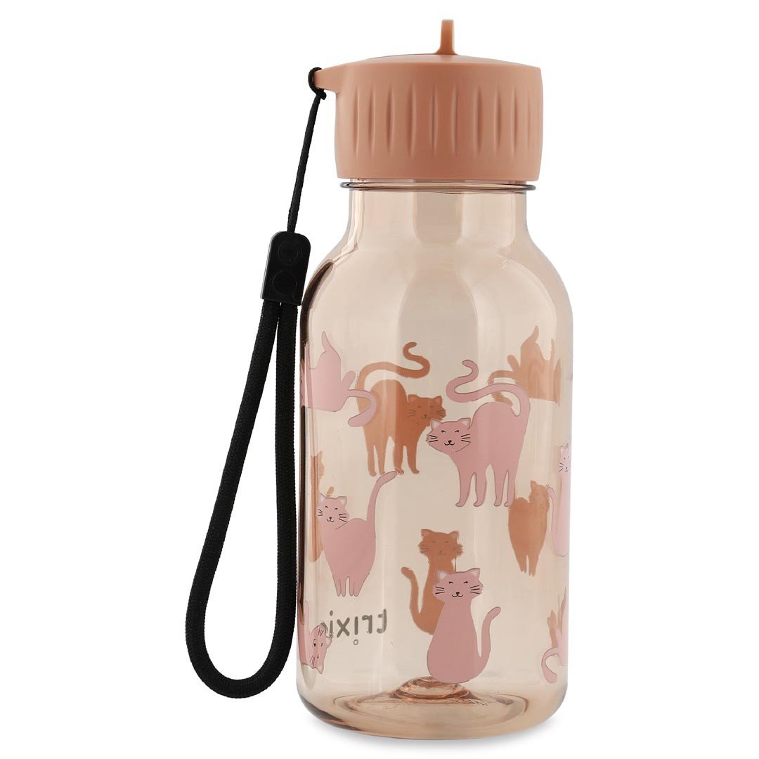 3. Trixie Baby Tritan bottle 350ml featuring cat pattern, peach cap, and black strap, studio view