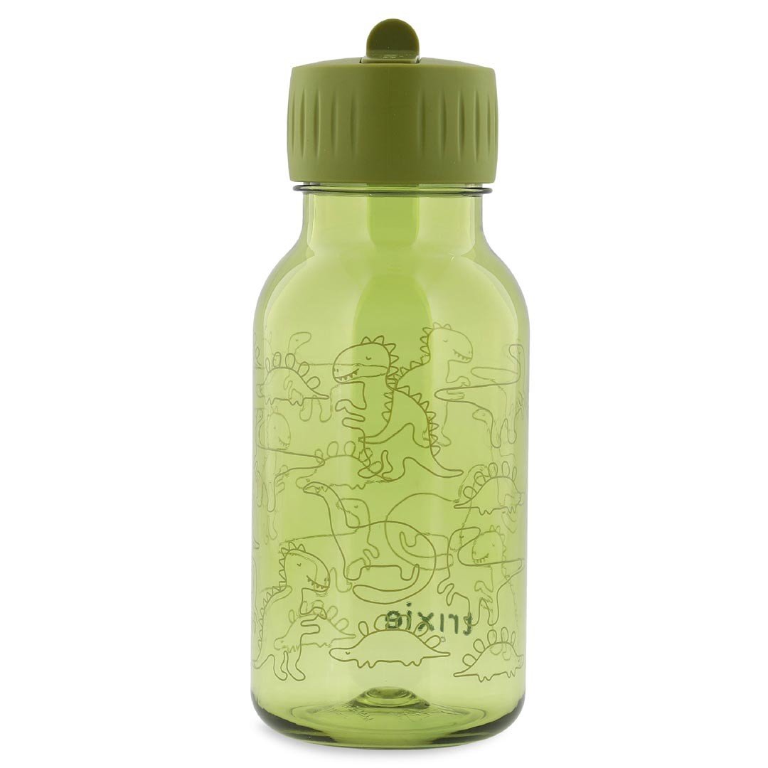 1. Green Tritan bottle with dinosaur print and green cap, designed for kids, shown in studio setting
