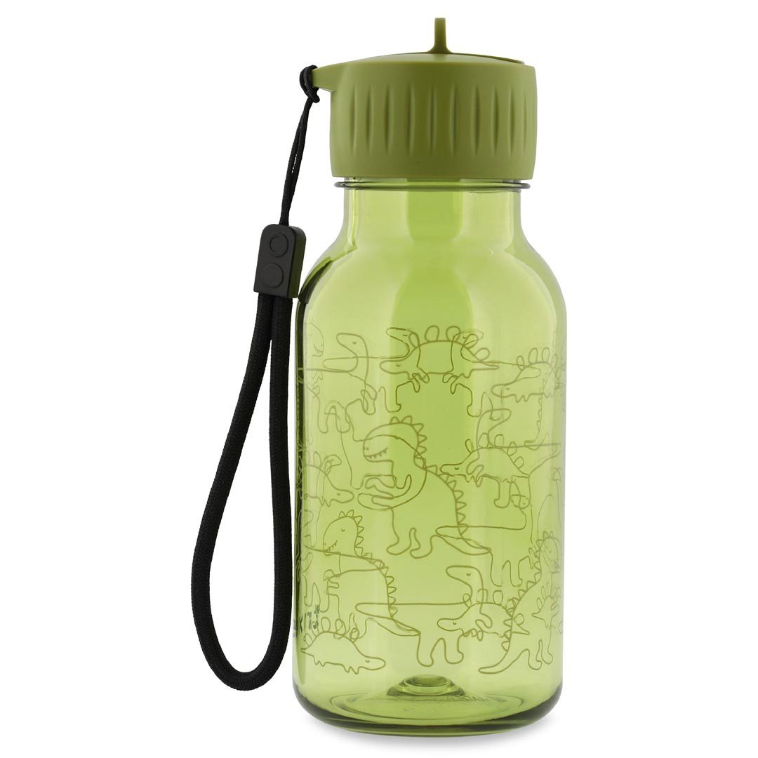 2. Green Tritan bottle with dinosaur print, green cap, and black carry-loop, ideal for children, shown in studio