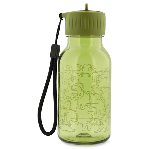 2. Green Tritan bottle with dinosaur print, green cap, and black carry-loop, ideal for children, shown in studio