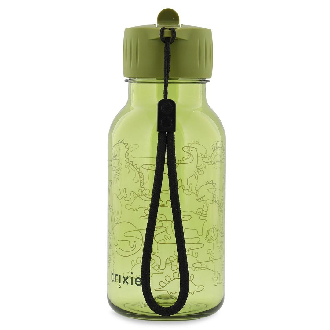 3. Back view of green Tritan bottle with dinosaur print, green cap, and black carry-loop, suitable for kids, in studio