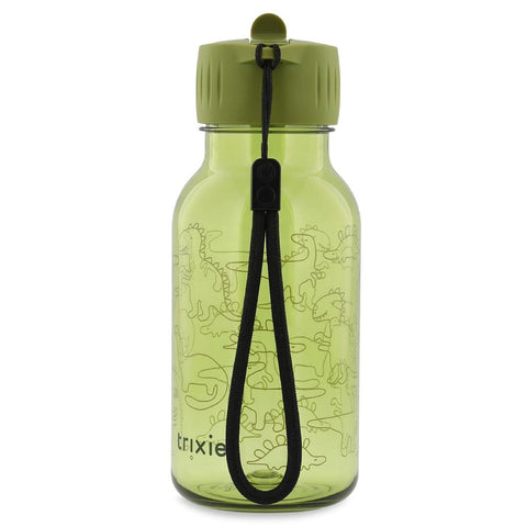 3. Back view of green Tritan bottle with dinosaur print, green cap, and black carry-loop, suitable for kids, in studio