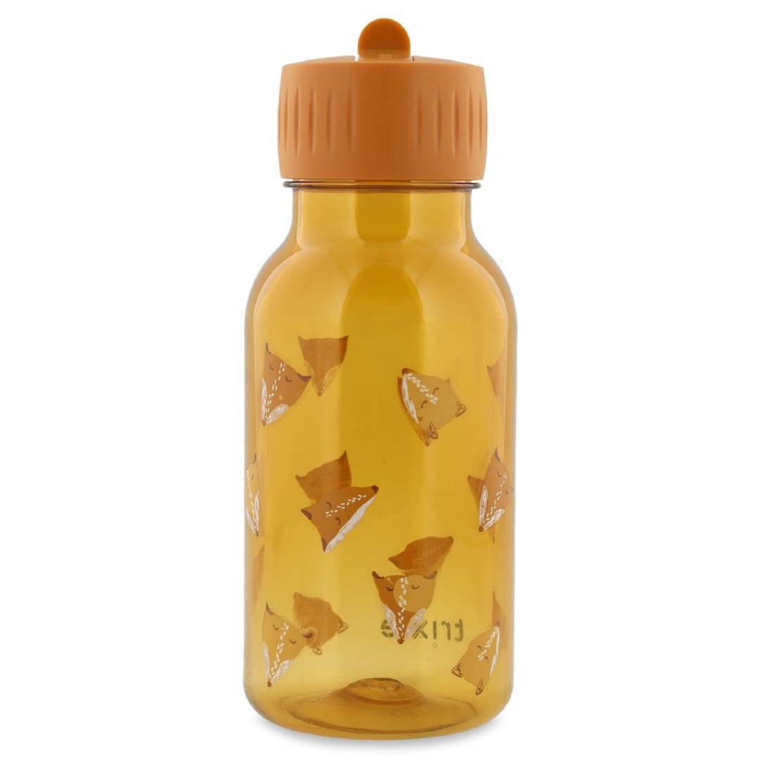 1. Orange Tritan bottle with fox print and orange cap, shown in studio setting