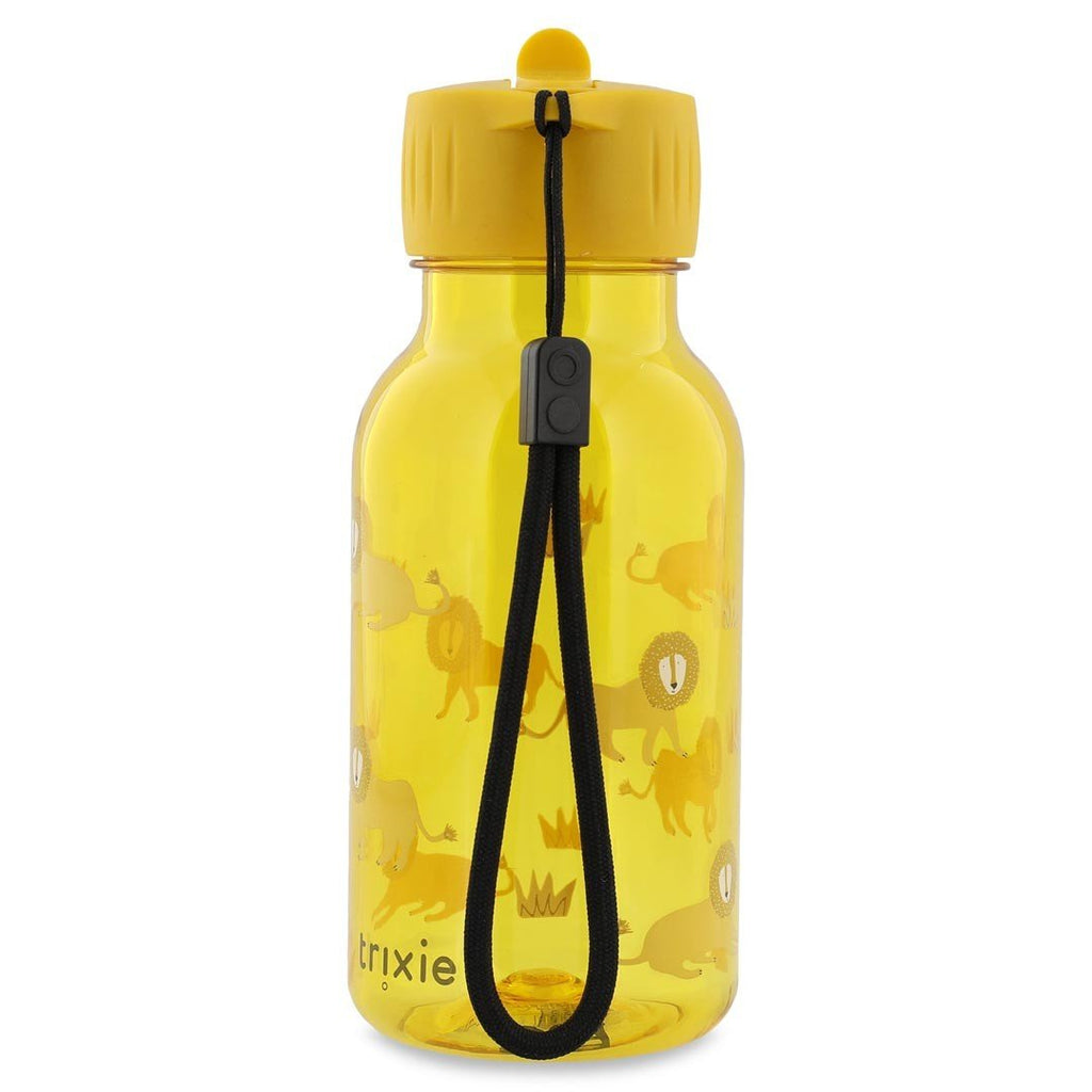 3. Back view of yellow Trixie Baby Tritan bottle with lion design, yellow cap, and black carry-loop