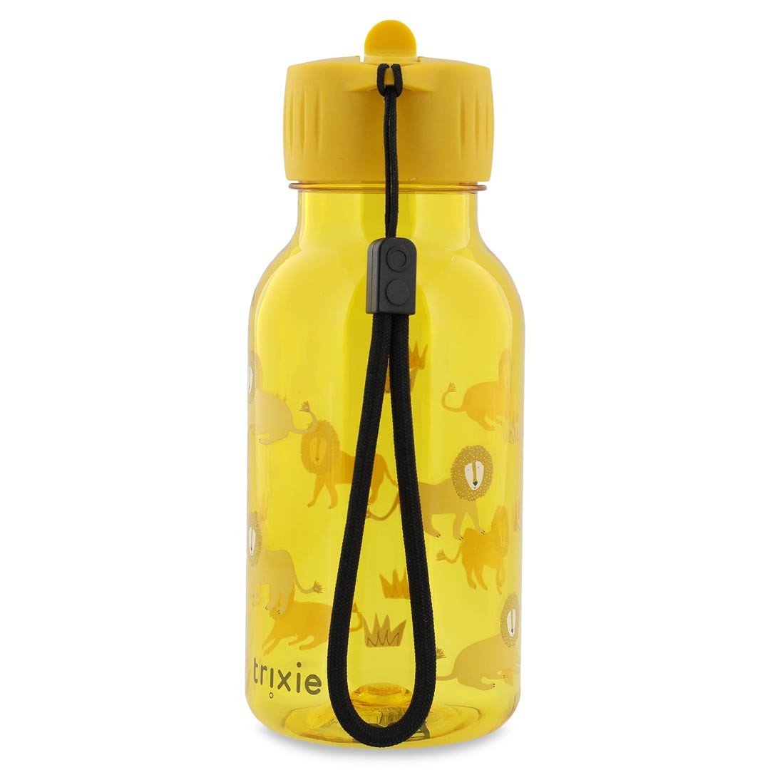 3. Back view of yellow Trixie Baby Tritan bottle with lion design, yellow cap, and black carry-loop