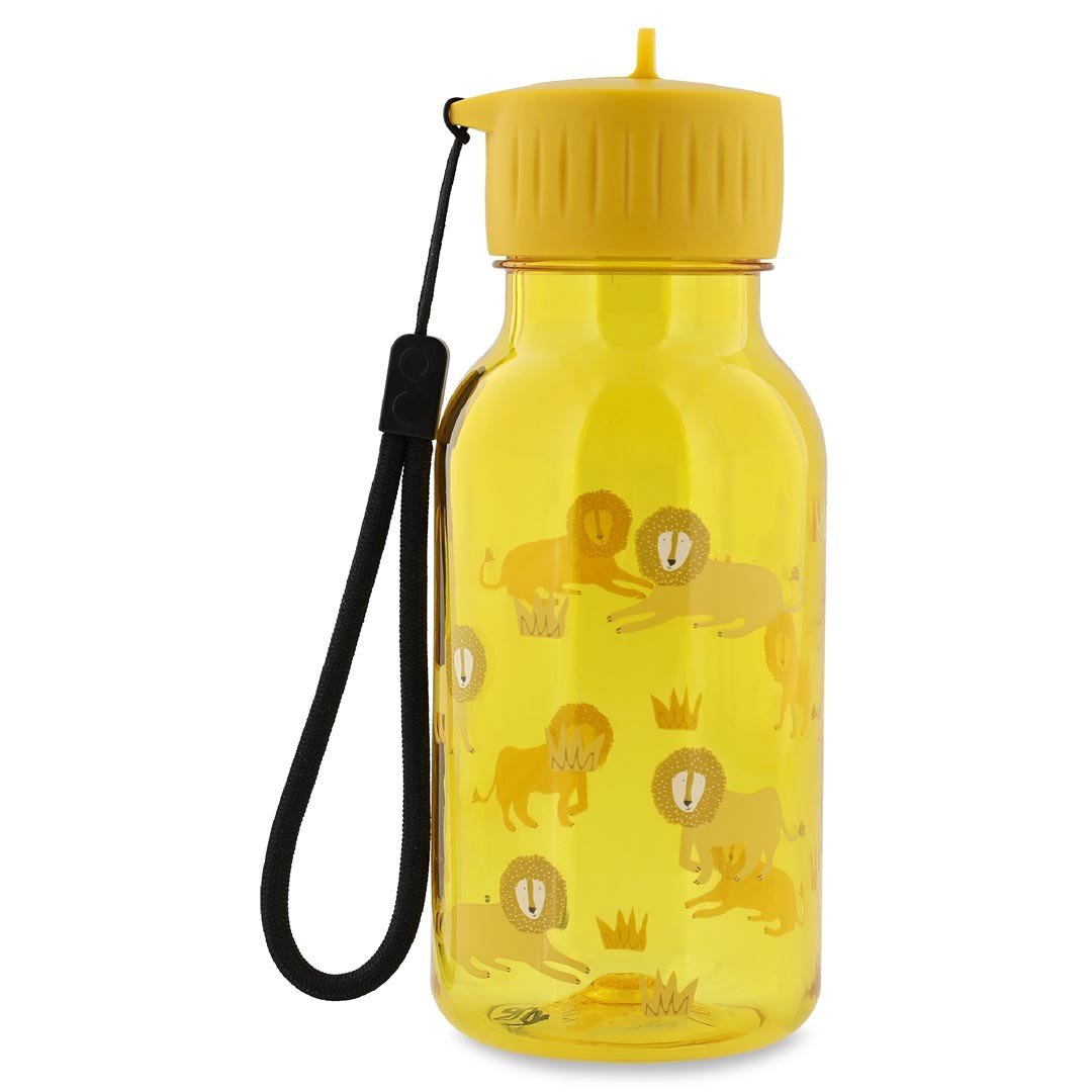 2. Yellow Trixie Baby Tritan bottle with lion design, yellow cap, and black carry-loop for kids