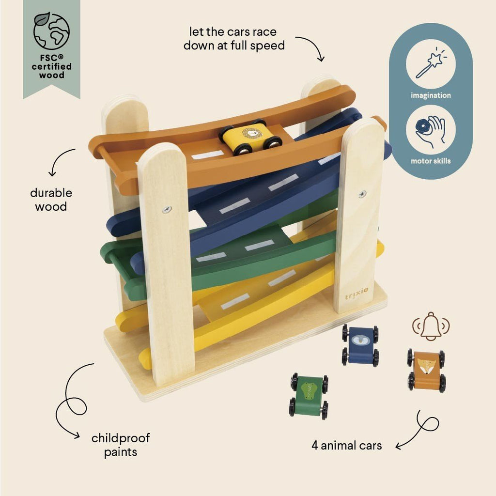 4. Illustrated features of Trixie Baby wooden race track with animal cars and benefits highlighted