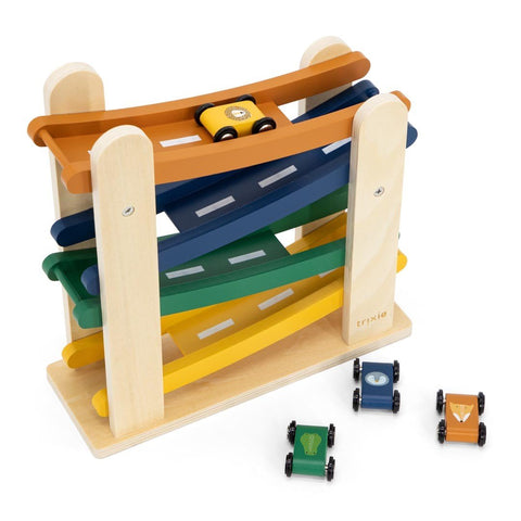 1. Trixie Baby wooden race track with colorful animal-themed cars on a white background