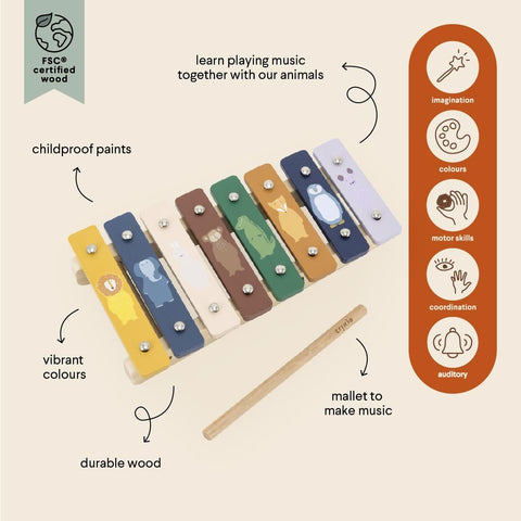 2. Trixie Baby wooden xylophone with colorful animal-themed keys and mallet, labeled features and benefits
