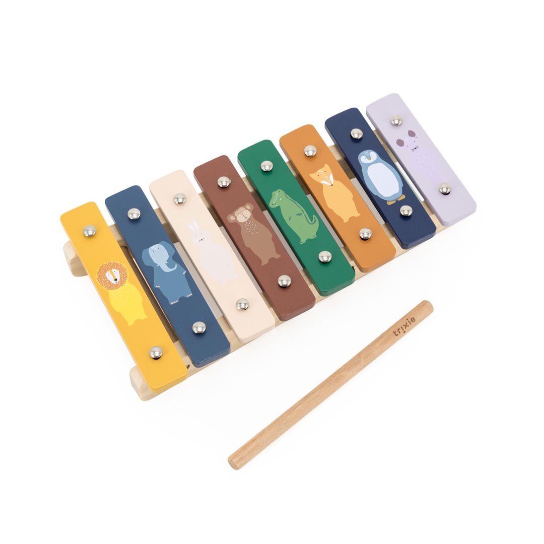 3. Studio shot of Trixie Baby wooden xylophone with vibrant animal-themed keys and wooden mallet