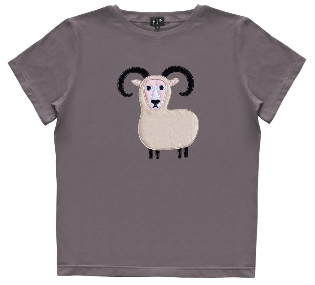 4. Women's Aries T-shirt by HILP in grey with ram graphic, studio shot