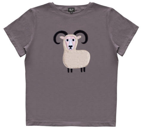 4. Women's Aries T-shirt by HILP in grey with ram graphic, studio shot