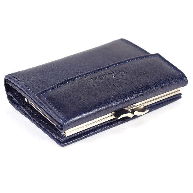 14. Studio image of navy Papillon women's leather wallet, highlighting elegant design and compact size