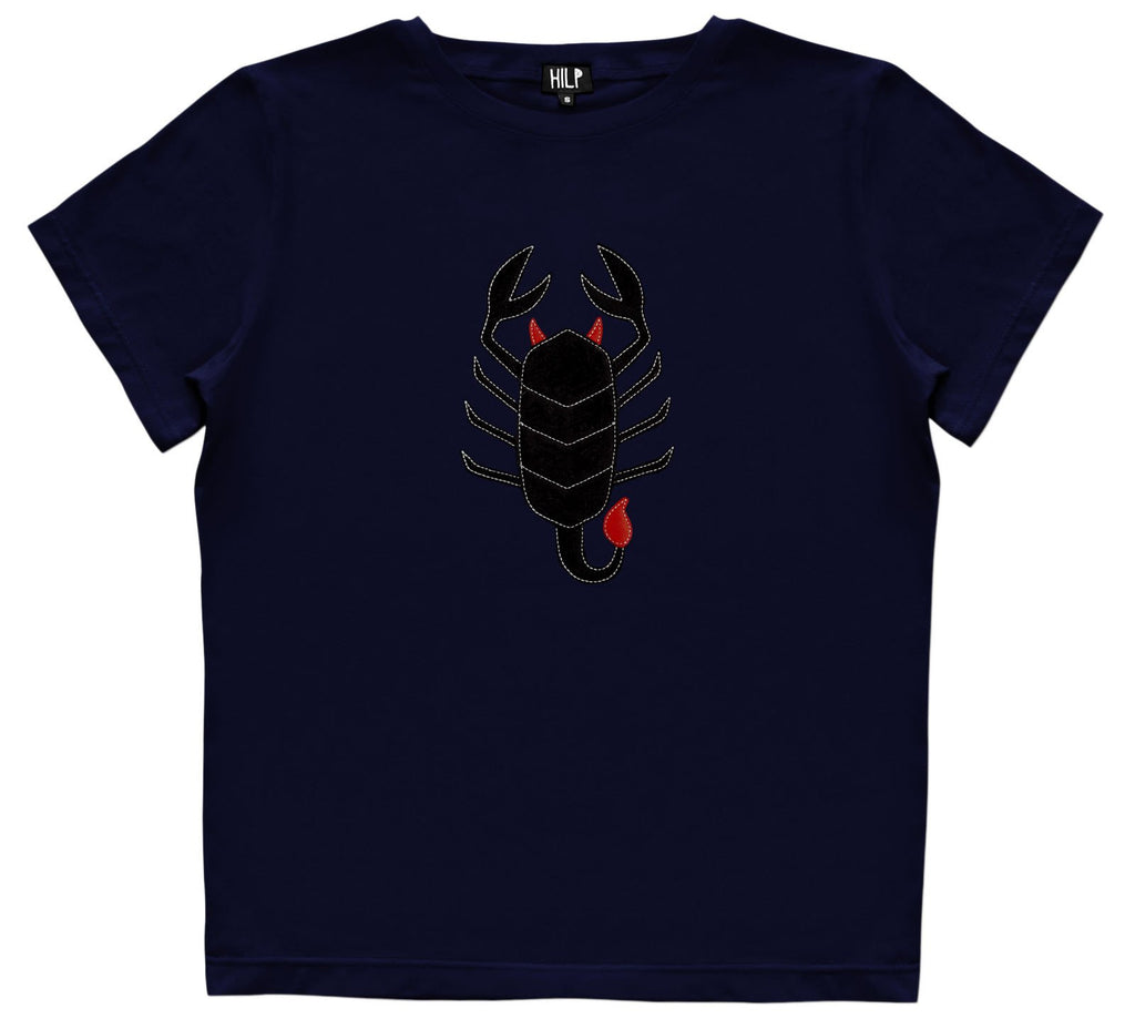 6. Women's Scorpio T-shirt by HILP in navy blue, with a black scorpion design, studio shot