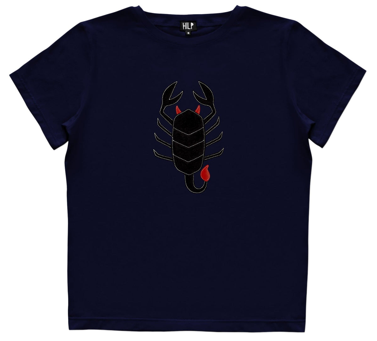 6. Women's Scorpio T-shirt by HILP in navy blue, with a black scorpion design, studio shot