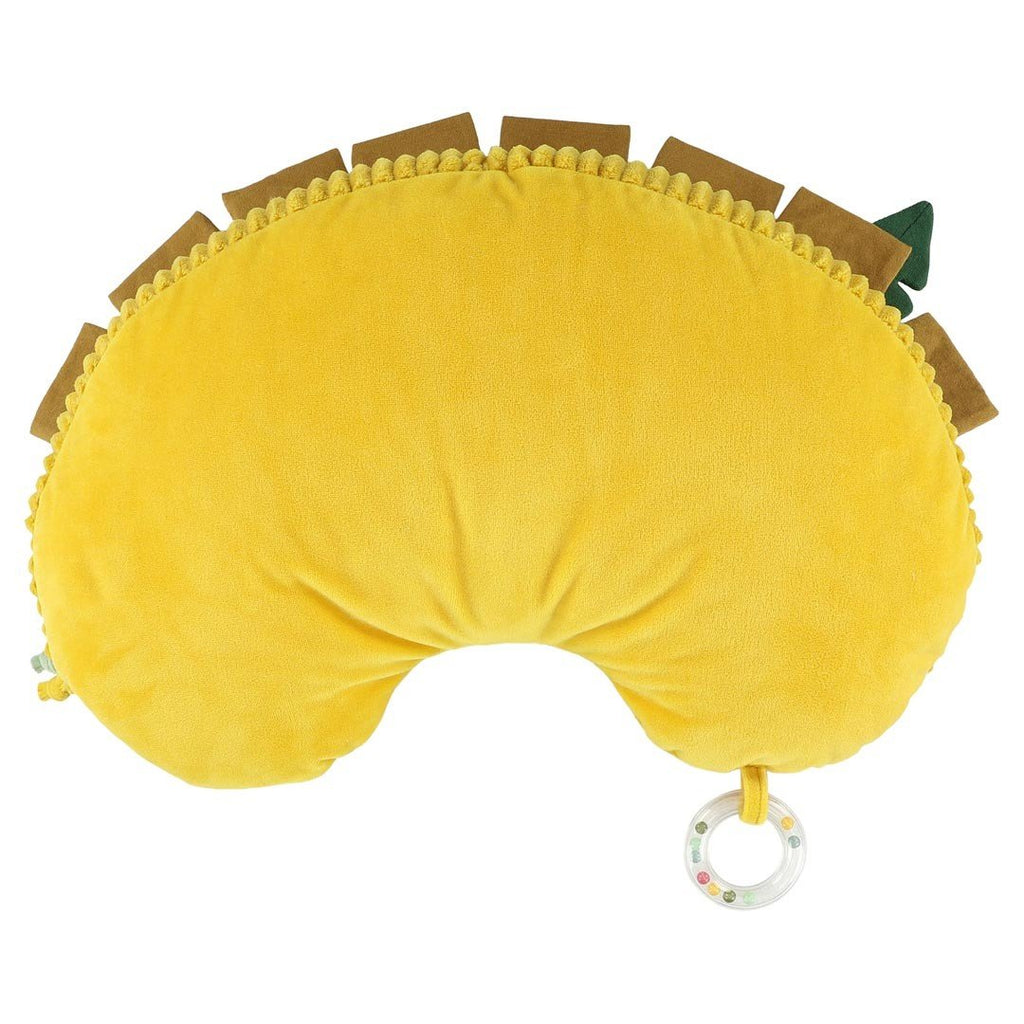 2. Back view of Trixie Baby's Mr. Lion tummy time pillow in yellow with brown mane detail and attached rattle on a clean white background