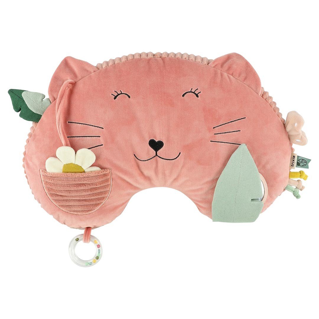 2. Pink Trixie Baby tummy time pillow with cat face design, featuring a flower, leaf, and sensory ring, on white background