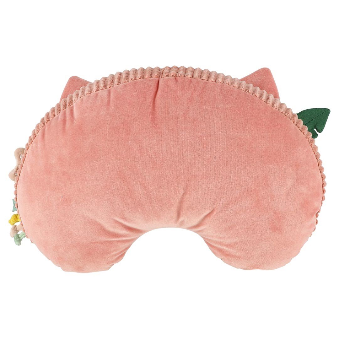 3. Back view of pink Trixie Baby tummy time pillow with cat design, showing plush texture and scalloped edge