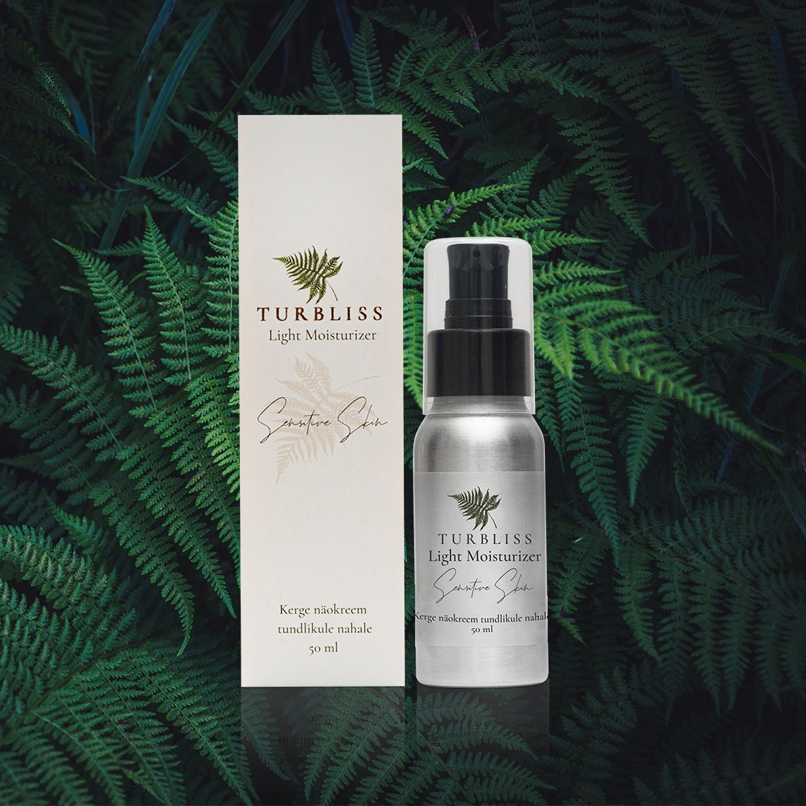 1. Turbliss Matte Face Cream 50ml with packaging, set against a natural fern background