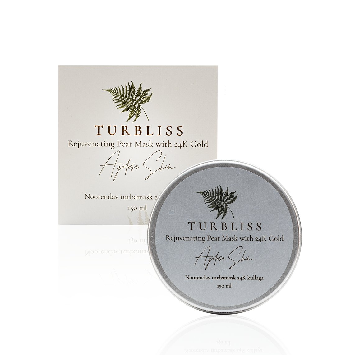 3. Studio shot of Turbliss Rejuvenating Peat Mask with 24K Gold 150ml, featuring product packaging and branding