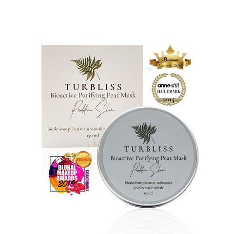 3. Turbliss Bioactive Purifying Peat Mask 150ml packaging with award badges, studio shot