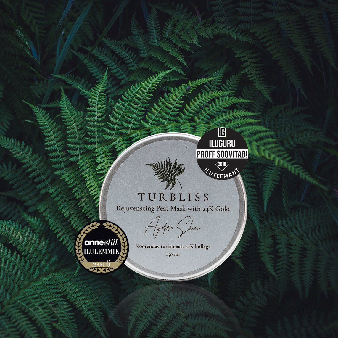 1. Turbliss Rejuvenating Peat Mask with 24K Gold 150ml, shown in a natural setting with ferns, highlighting award badges