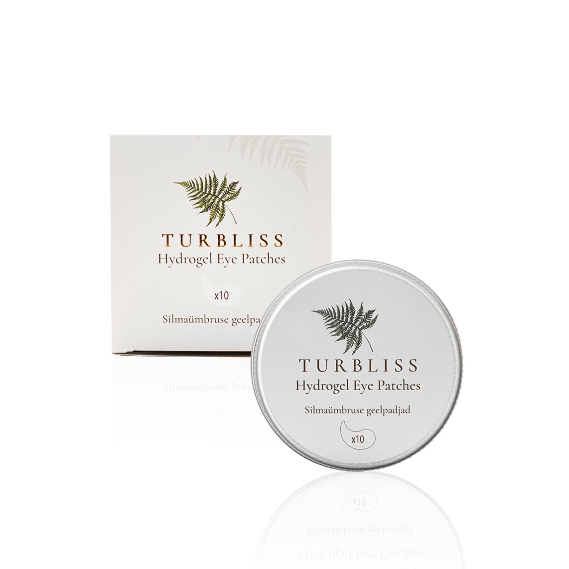 4. Studio image of Turbliss Hydrogel Eye Patches box and tin, highlighting product branding