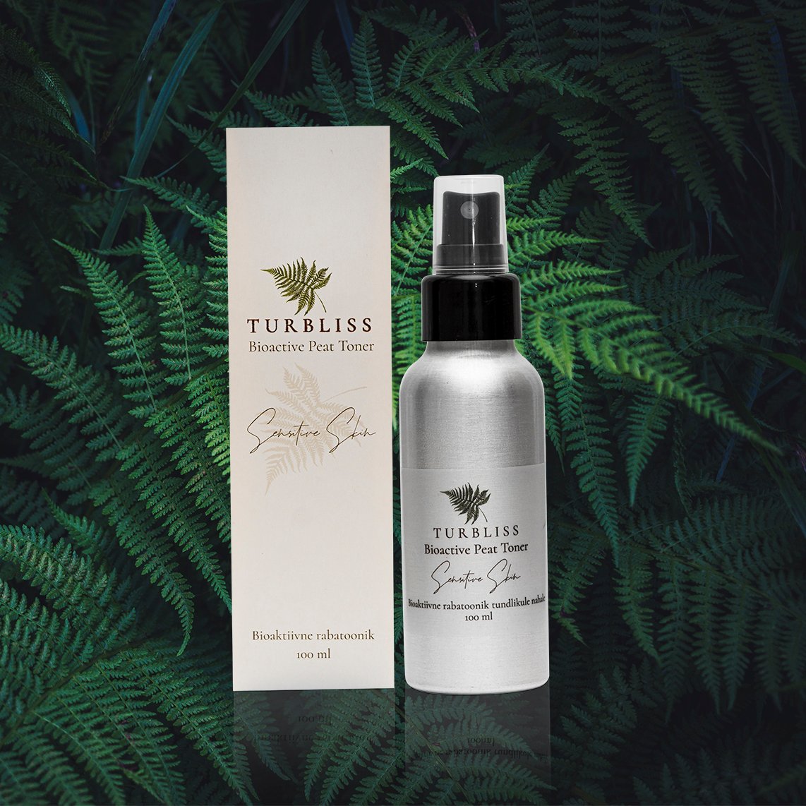 1. Turbliss Purifying Bog Tonic 100ml with packaging, set against a lush green background